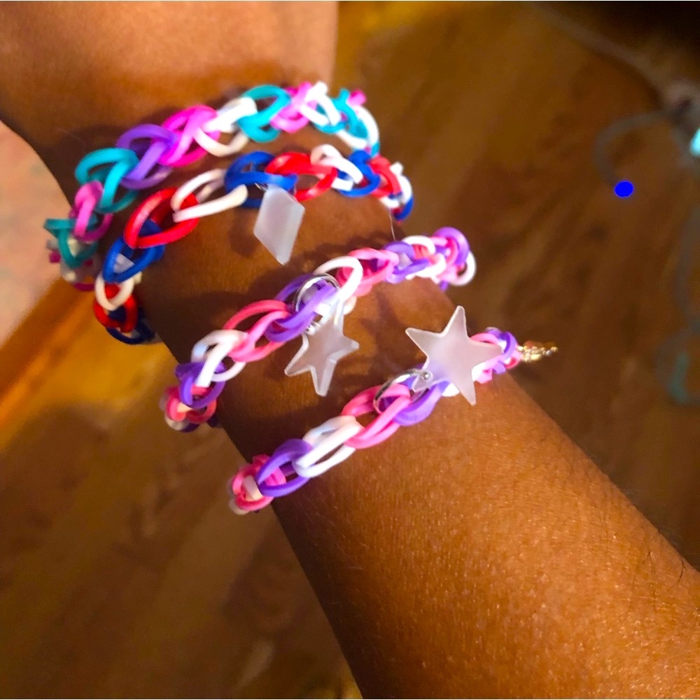 Home made rainbow loom band bracelets.